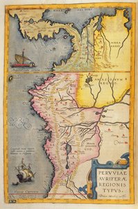 「アトラスマヨール、シベコスモグラフィアブラビアーナ」からのペルーの金の産出地域の地図、1662年